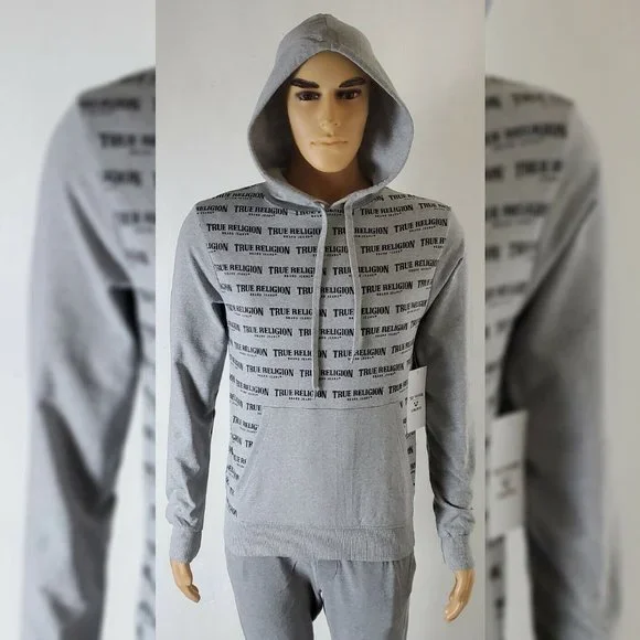 TRUE RELIGION LOUNGEWEAR HODDIE MEN ALLOVER PRINT SCRIPT REPEAT LOGO SIZE S GREY - Picture 6 of 11